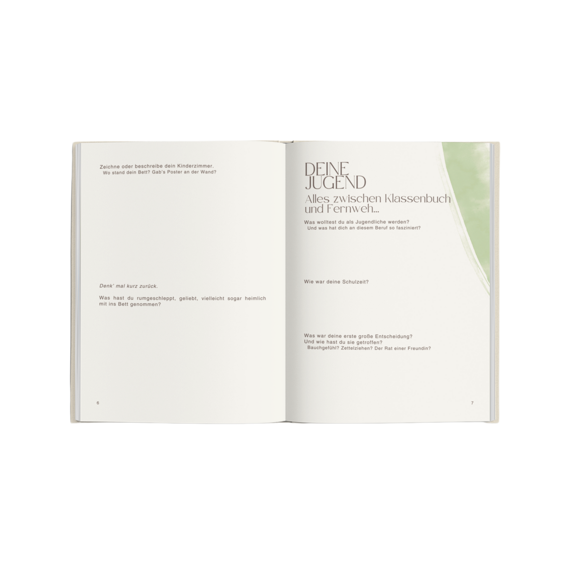Open MAMA memory book with German prompts for personal stories and reflections on youth and school days.