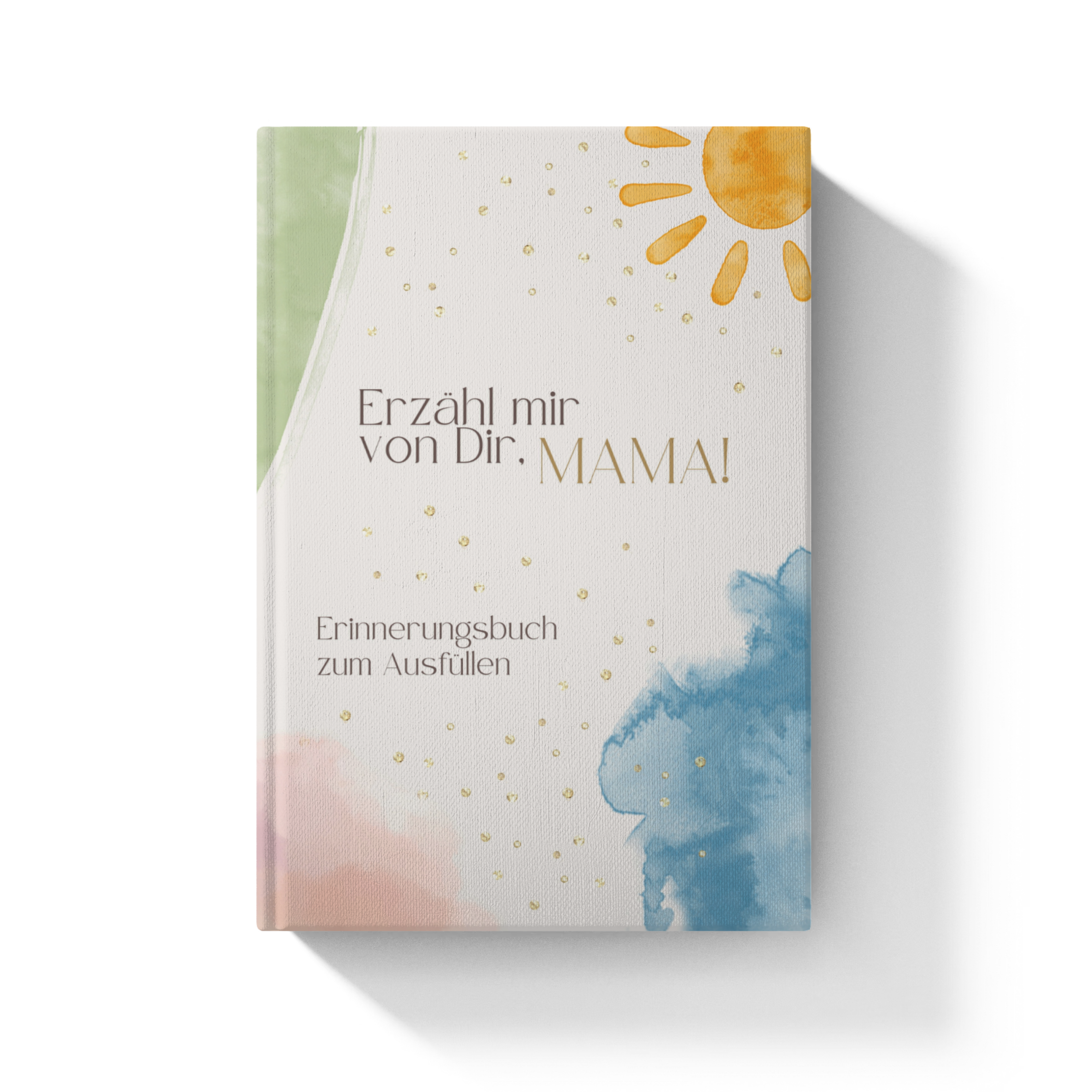 MAMA memory book with soft watercolor design, sun illustration, for capturing honest stories and lasting memories.